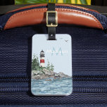 Etiqueta Para Maletas Encantador nombre de monograma del faro de la cost<br><div class="desc">Una hermosa imagen de acuarela — faro en las rocas,  agua azul — y tu monograma / inicial y nombre. Cualquier pregunta de diseño o si desea que esté disponible para descarga digital,  sólo tiene que enviar un chat o un correo electrónico a charmdesignstudio@rcn.com y estaremos encantados de ayudarle.</div>