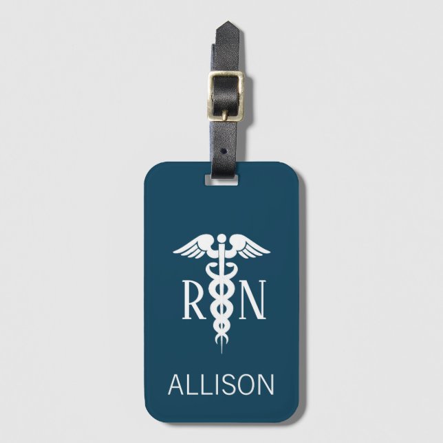 Etiqueta Para Maletas Enfermera inscrita RN Caduceus Medical Navy Blue (Anverso vertical)