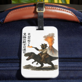 Etiqueta Para Maletas Epic Black Cat Cowboy Riding Dinosaur with Volcano