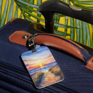 ETIQUETA PARA MALETAS ESCENA BONITA DE PUESTA DE SOL TROPICAL AL ACUAREL
