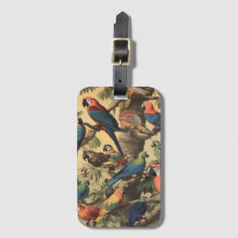 Etiqueta Para Maletas Escena botánica vintage loros coloridos en un árbo