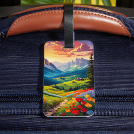 Etiqueta Para Maletas Escena de montaña colorida con flores
