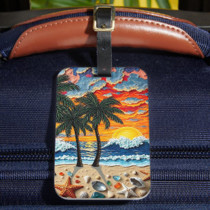 Etiqueta Para Maletas Escena de playa hermosa con palmeras  