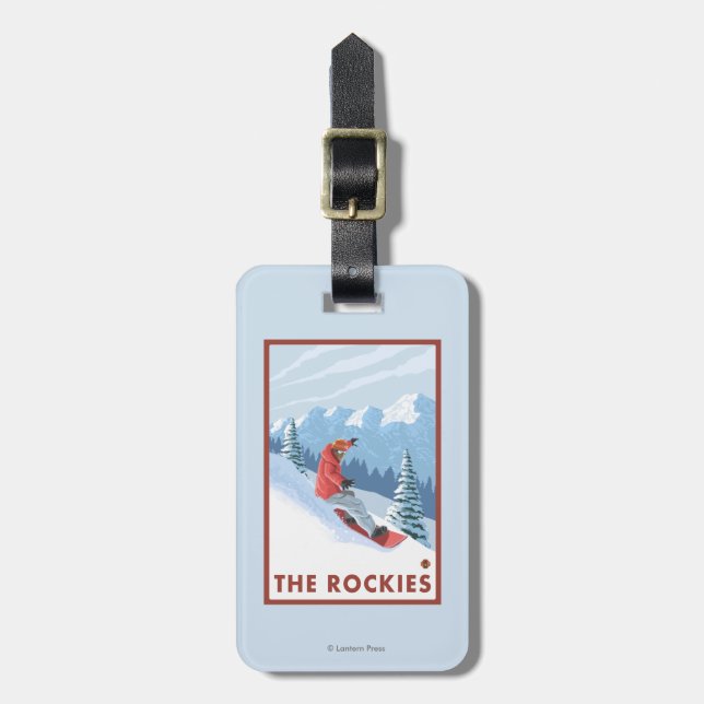 Etiqueta Para Maletas Escena del Snowboarder - los Rockies (Frente Vertical)