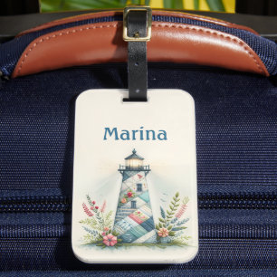 Etiqueta Para Maletas Escena floral costera del faro de patchwork