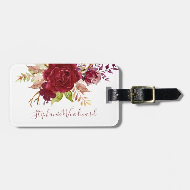 Etiqueta Para Maletas Escritura floral personalizada de Marsala Bouquet (Frente Horizontal)