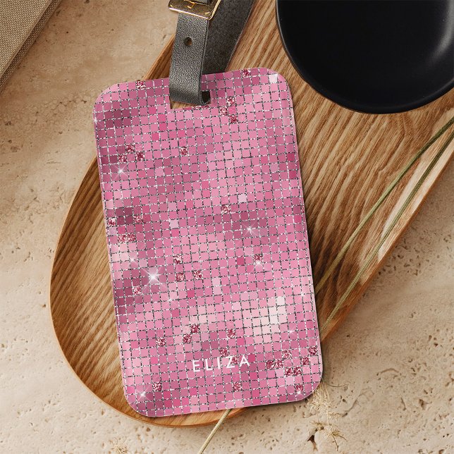 Etiqueta Para Maletas Espejo disco rosado retro | Monograma (A glam, dark pink disco ball inspired luggage tag)