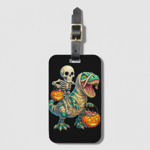 Etiqueta Para Maletas Esqueleto Caprichoso Montando T-Rex Momia Hallowee