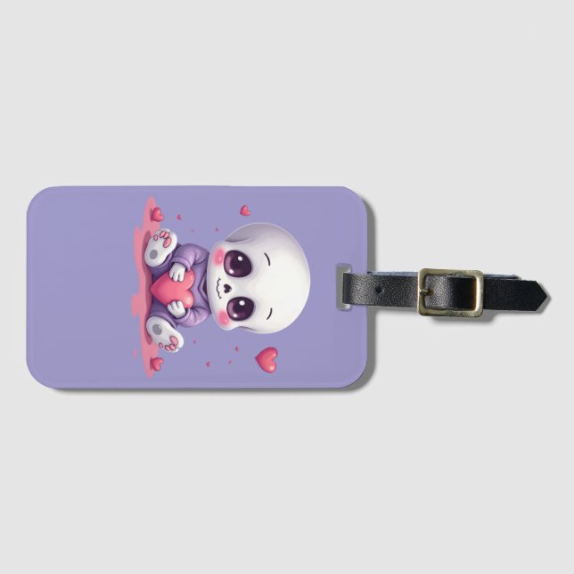 Etiqueta Para Maletas Esqueleto Kawaii Sosteniendo Corazón (Anverso horizontal)