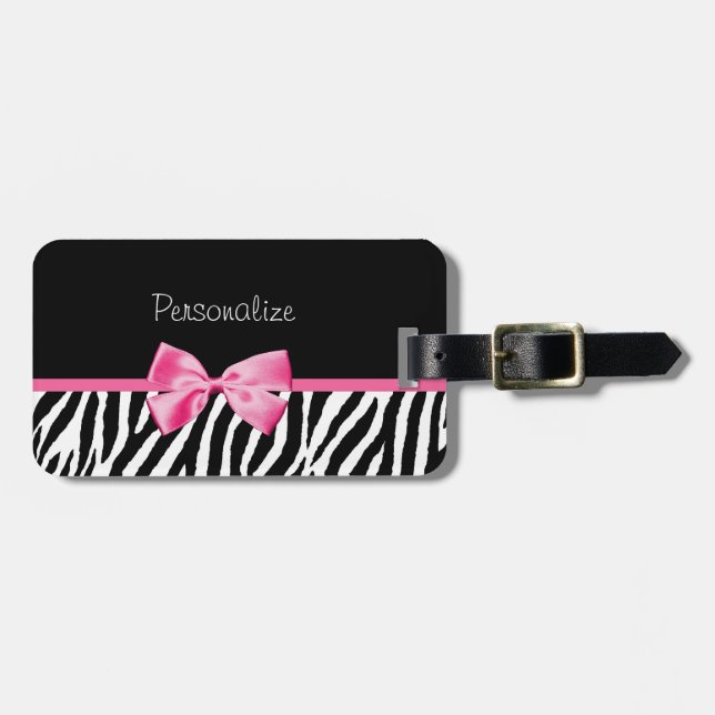 Etiqueta Para Maletas Estampado de zebra de moda y cinta rosada con (Frente Horizontal)