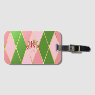 Etiqueta Para Maletas Estilo Monogramado rosa y arglo verde