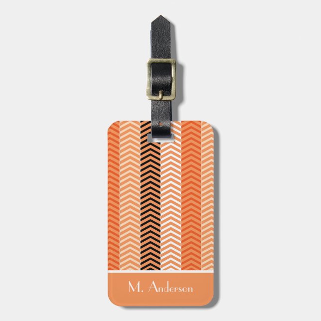 Etiqueta Para Maletas Estiloso Naranja Moderno Chevron Stripes Con Nombr (Frente Vertical)