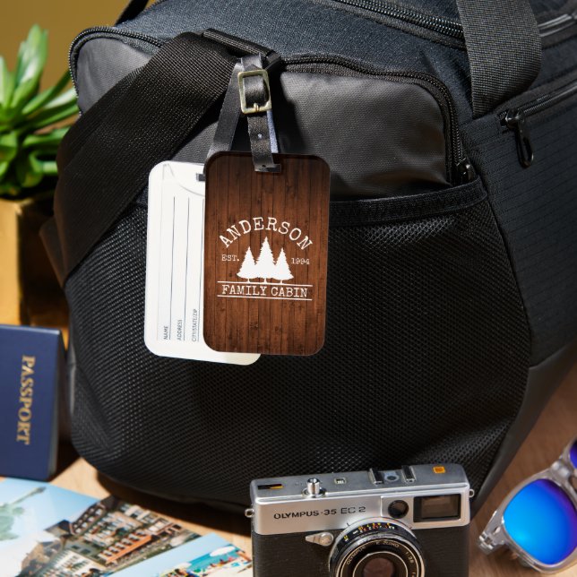 Etiqueta Para Maletas Familia Cabina Nombre Impresión de Madera Rústica (Anverso & Reverso)