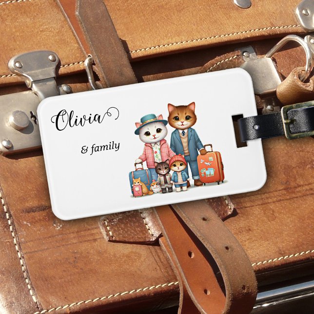 Etiqueta Para Maletas Familia de felinos (Luggage tag featuring a colorful illustration of a cat family embarking on a travel adventure)
