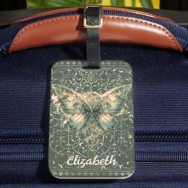 Etiqueta Para Maletas Fancy Green Steampunk Butterfly Personalizado (Anverso In situ 2)