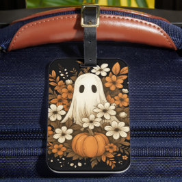 Etiqueta Para Maletas Fantasma Adorable Con Calabaza Y Flores De Otoño –