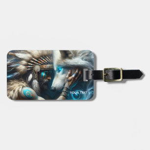 Etiqueta Para Maletas Fantasy Cute Man abrazando al lobo