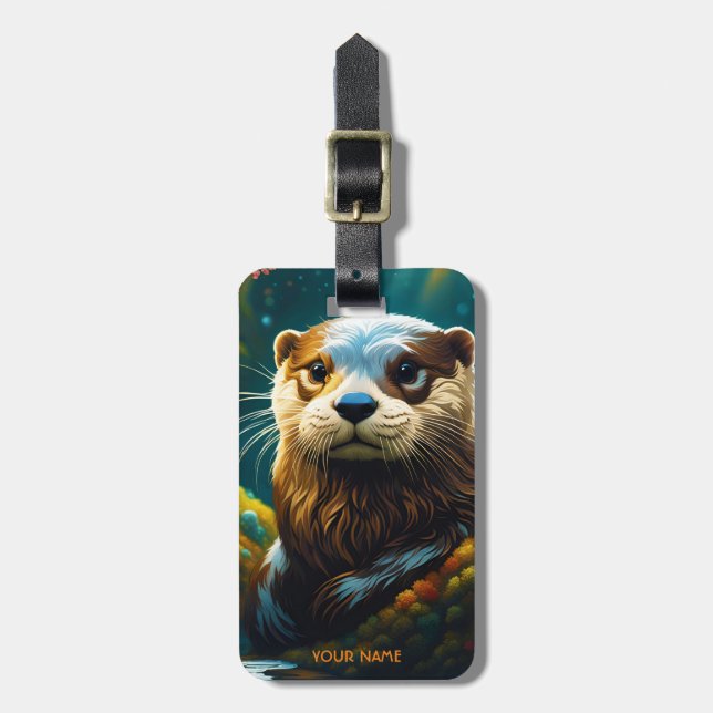 Etiqueta Para Maletas Fantasy Cute Vivid Majestic Otter Flowers (Frente Vertical)