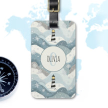 Faro con icy Waves Monograma Náutico de Invierno