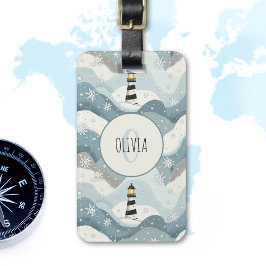 Etiqueta Para Maletas Faro con icy Waves Monograma Náutico de Invierno