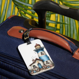 ETIQUETA PARA MALETAS FARO DE VERANO CAPRICHOSO AZUL Y BLANCO