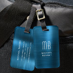 Etiqueta Para Maletas Faux azul monogramado cepillado Metalizado<br><div class="desc">Etiqueta de portaequipajes Metalizado con pincel de imitación azul monogramada personalizada</div>