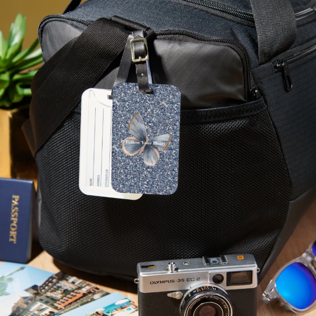 Etiqueta Para Maletas Faux Blue Denim Butterfly (Anverso & Reverso)
