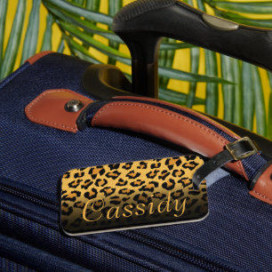 Etiqueta Para Maletas Faux Fur Wild Leopard Print con nombre de oro