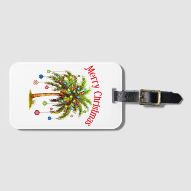Etiqueta Para Maletas Feliz Navidad Palm Tree Light Tropical Hawaiano (Anverso horizontal)