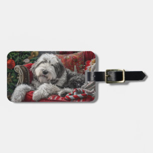 Etiqueta Para Maletas Festividad de Navidades de Sheepdog ingleses viejo
