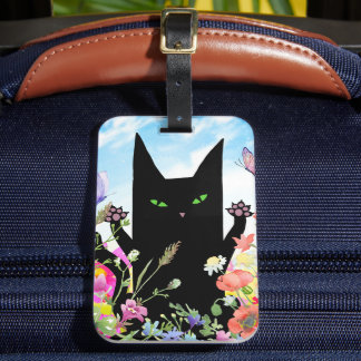 Etiqueta Para Maletas Fiebre primaveral de gato negro: gatito y flores