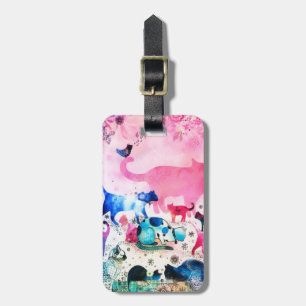 Etiqueta Para Maletas Fiesta de gato Purpurina arte color de agua rosada