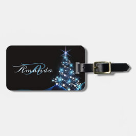 Etiqueta Para Maletas Fiesta de Navidad Árbol Azul Brillante Negro Elega