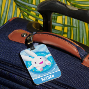 Etiqueta Para Maletas Fiesta de Piscina Personalizada de Conejo Blanco L