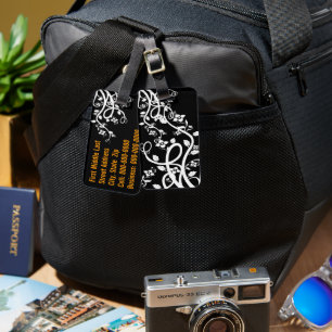 Etiqueta Para Maletas Filigree blanco y flores sobre plantilla negra 