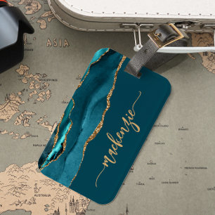 Etiqueta Para Maletas Firma Personalizada Turquesa Azul Oro Ágata
