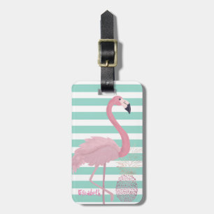 Etiqueta Para Maletas Flamenco Rosa Femenino, Piña Menta Rayas Blancas