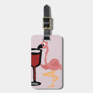 Etiqueta Para Maletas Flamenco rosado divertido que bebe el vino rojo