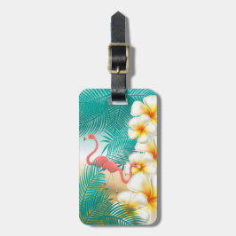Etiqueta Para Maletas Flamencos en una Verde azulada playa tropical