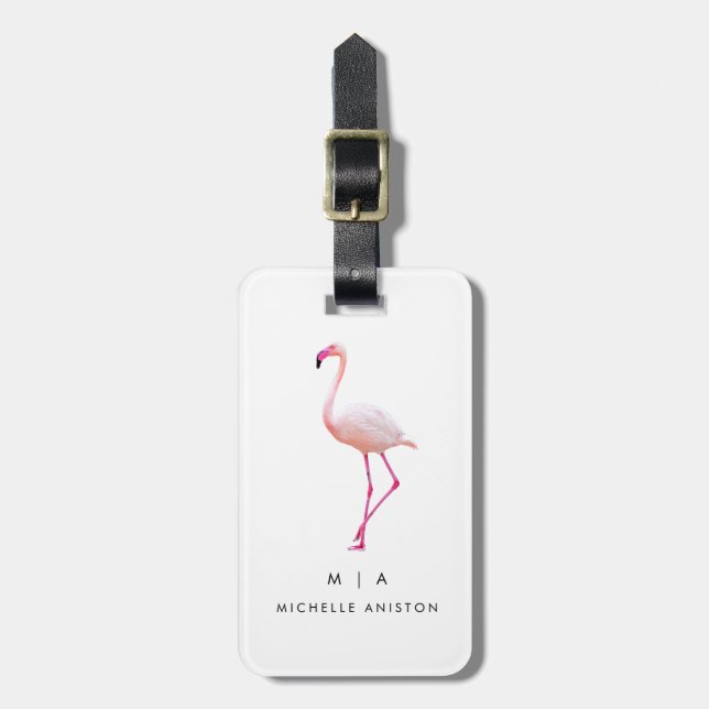 Etiqueta Para Maletas Flamingo blanco negro | Personalizado de monograma (Frente Vertical)