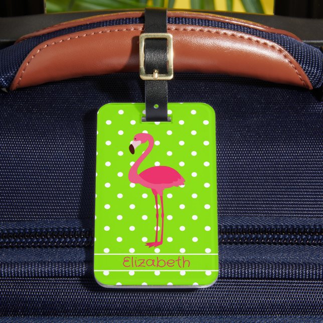 Etiqueta Para Maletas Flamingo de polka rosa y verde personalizado (Anverso In situ 2)
