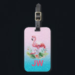 Etiqueta Para Maletas Flamingo Rosa Cuto En Fondo Purpurinoso<br><div class="desc">Ilustracion de acuarela de flamencos rosados sobre fondo rosa y azul purpurinoso.</div>