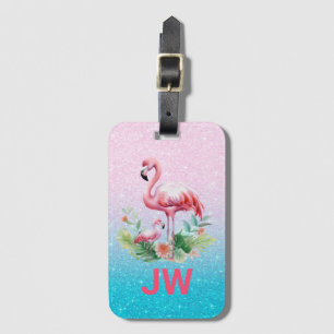 Etiqueta Para Maletas Flamingo Rosa Cuto En Fondo Purpurinoso