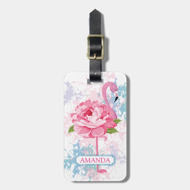 Etiqueta Para Maletas Flamingo rosa Diseño floral Personalizado (Frente Vertical)