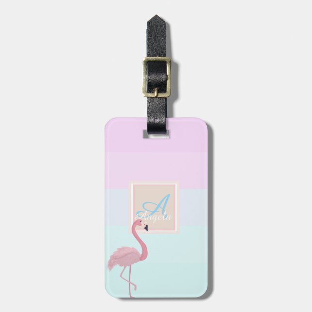 Etiqueta Para Maletas Flamingo rosa Ombre rayado Monograma personalizado (Frente Vertical)