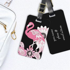 Etiqueta Para Maletas Flamingo rosa paisley negro moderno