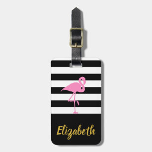 Etiqueta Para Maletas Flamingo rosa personalizado en franjas blanco y ne