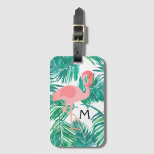 Etiqueta Para Maletas flamingo rosado monogramo sobre hojas tropicales