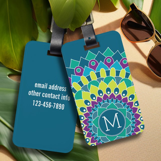 Etiqueta Para Maletas Flor bohemia con monogramas (Personalized luggage tag - vibrant colors and custom text)