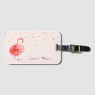 Etiqueta Para Maletas Flor de Flamingo Rosa, Confeti Dorado